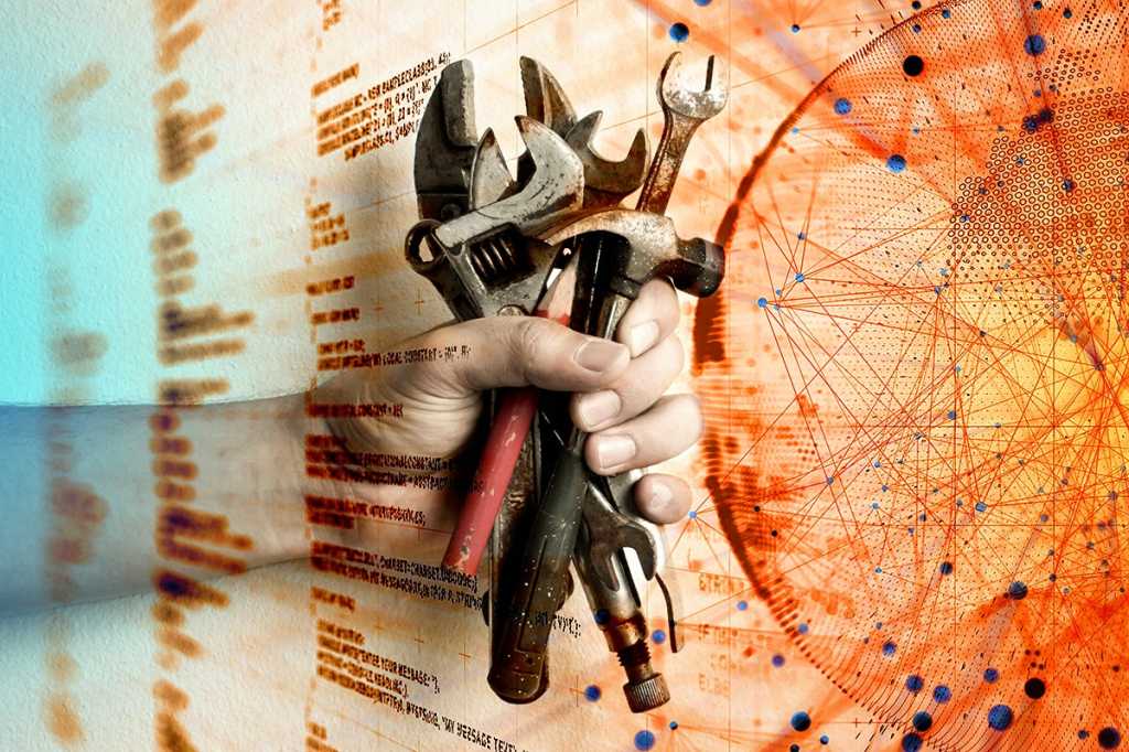 software development / application testing / tools in hand amid abstract code mapping